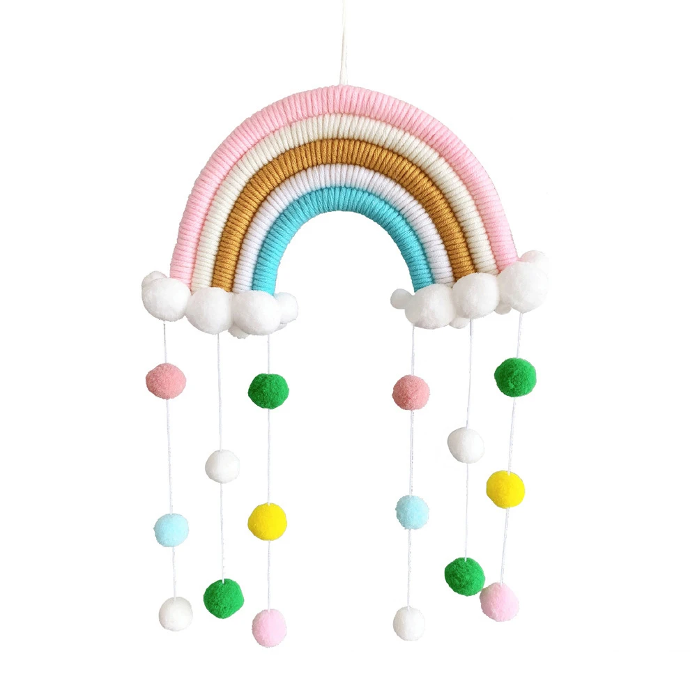 

Rainbow Hanging Decor Handmade Woven Cotton Rope Rainbow Raining Cloud Wall Hanging Ornament Photo Props for Baby Girl Room