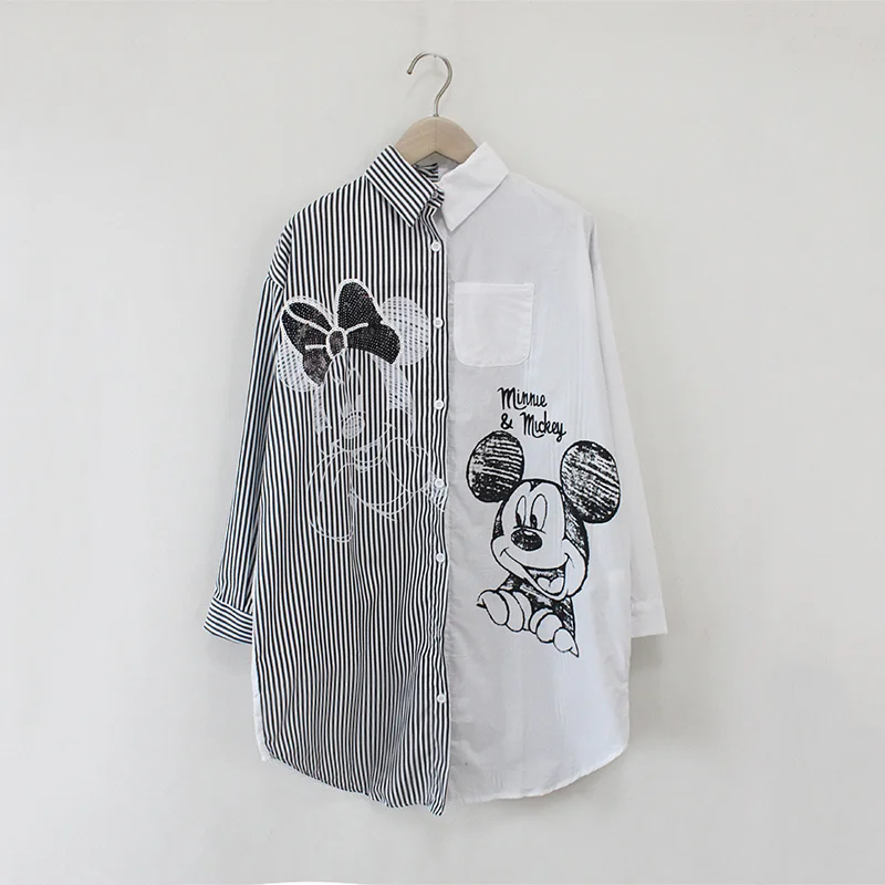 

Blouses Women Shirt Chemise Femme Cartoon Long Sleeve Blusas Casual Loose Fashion Striped Stitching Shirts Female