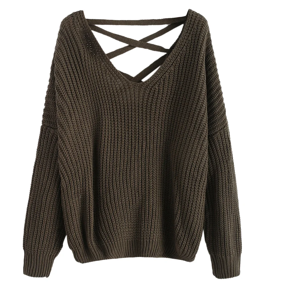 Zaful Autumn Solid Women Causal Sweater V-Neck Drop Shoulder Female Pullovers Lace Up Long Sleeves Feminino Knitted Loose Jumper | Женская