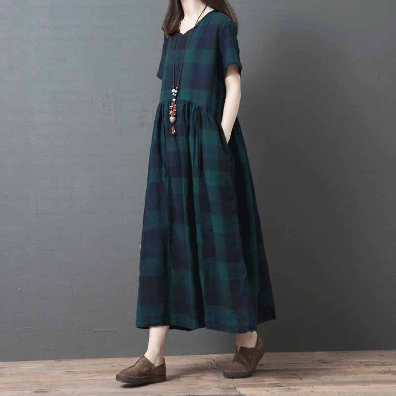 

Han edition comfortable large size ladies fashion cotton dress new tartan dress