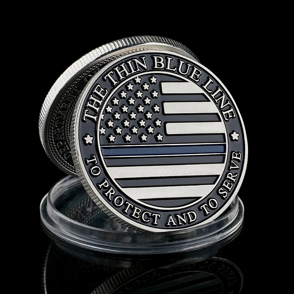 

США тонкая синяя линия для защиты и обслуживания офицера полиции с флагом США Посеребренная монета коллекционная