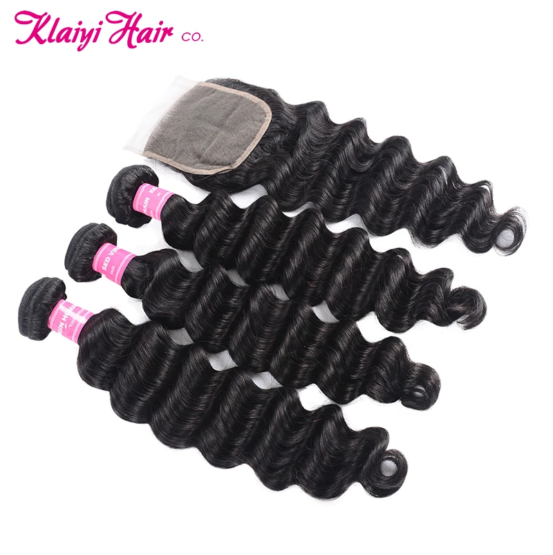Klaiyi Malaysian Loose Deep Wave Bundles With Closure 4X4 Free Part 100% Human Hair 3 4Pcs Remy Weave | Шиньоны и парики