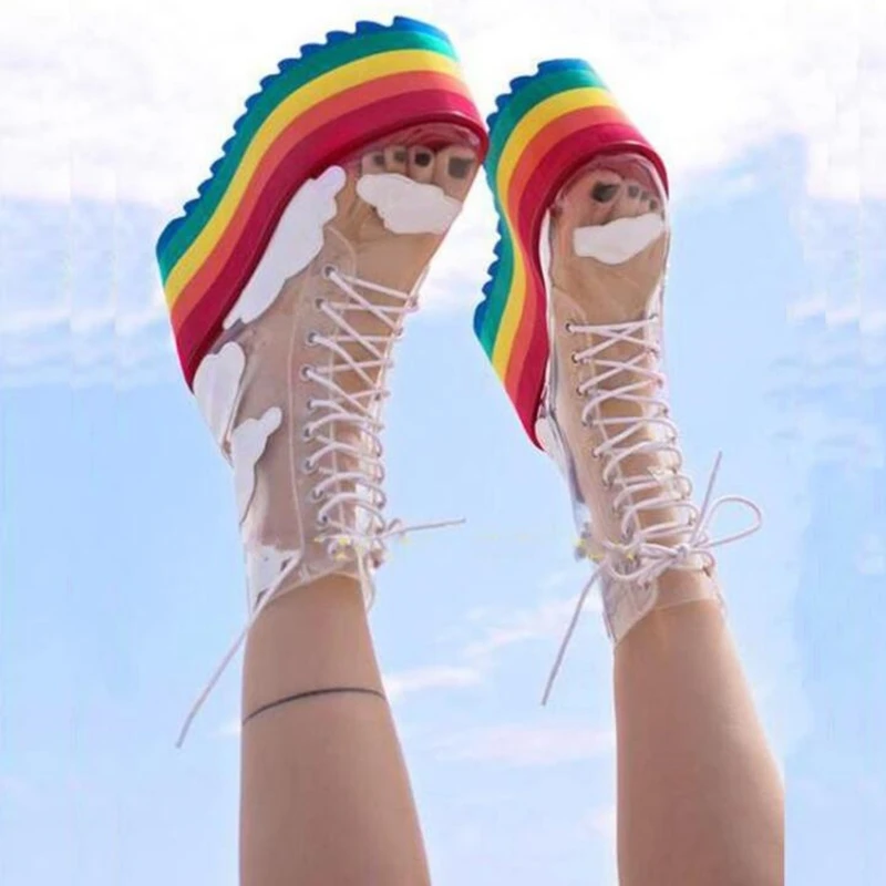 

Rainbow Heels Thick High Platform Shoes Clear PVC Cloud Pattern Lace Up Ankle Short Boots Muffin Bottom Fashion Women Shoes