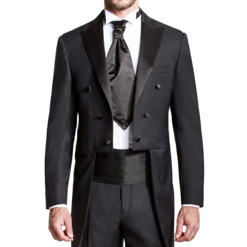 

Custom Made Black Groom Tailcoat Pant Suit Peaked Lapel Long Tail Men Wedding Suits Bridegroom Best Groomsmen Wedding Tuxedos