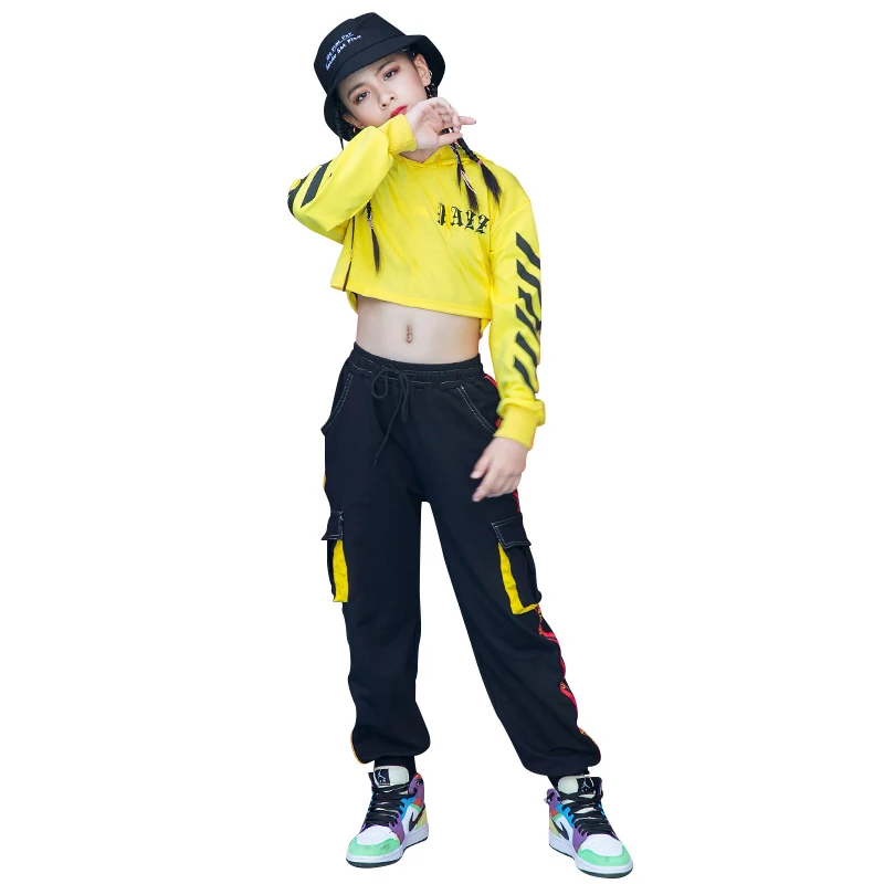 

2020 Children's Jazz Girls Hip Hop Costume Hoodies Black Hiphop Pants Modern Dancing Outfits Ballroom Stage Performance Costume