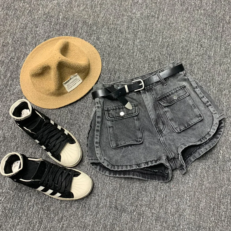 

Woman Shorts High Waist Cotton A-line Wide-leg Short Jeans Korean Style Smoky Gray Female Loose Denim Short Trousers 2020 Summer