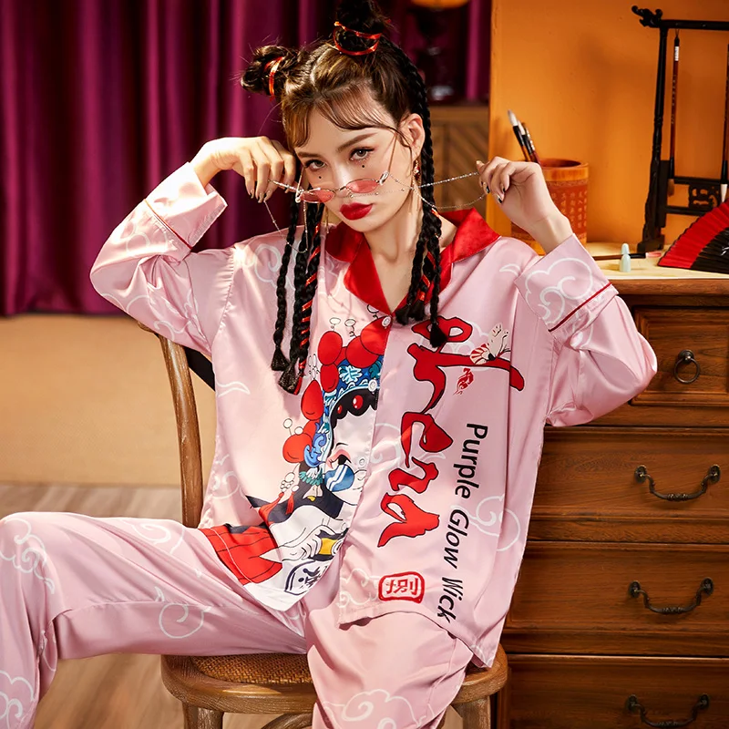 Summer Pajamas Women Sleepwear Chinoiserie The Tide High Quality Snow and Ice Silk Plus Size Pajama Set Princess Style Spring