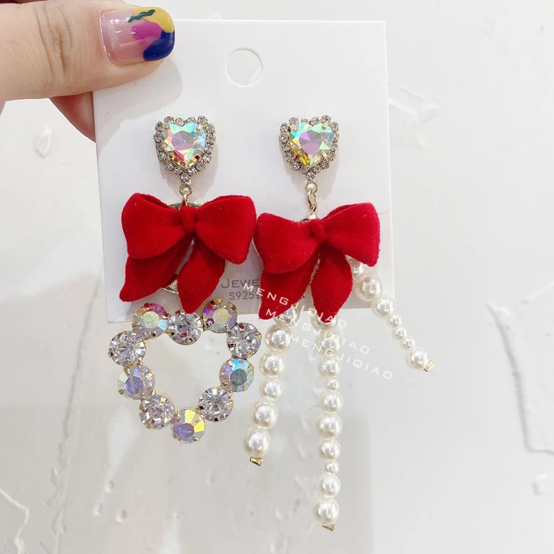 

MENGJIQIAO Korean Elegant Red Velvet Bowknot Asymmetric Long Drop Earrings For Women Fashion Crystal Heart Pendientes Jewelry