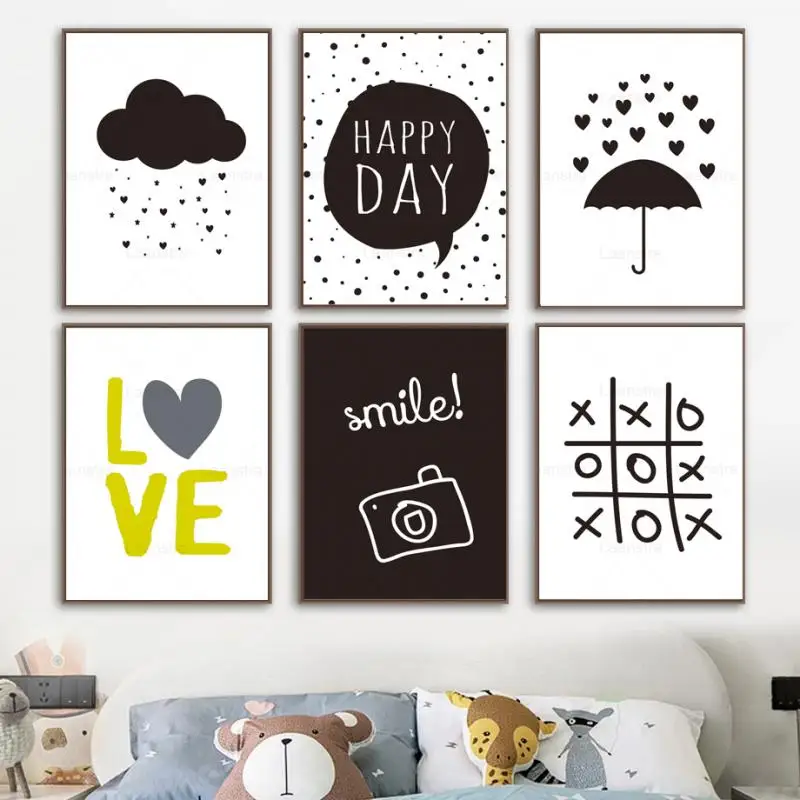 

Black White Cartoon Wall Pictures Cloud Rain Umbrella Camera Love Quotes Canvas Painting Home Decor Simple Poster Print Wall Art