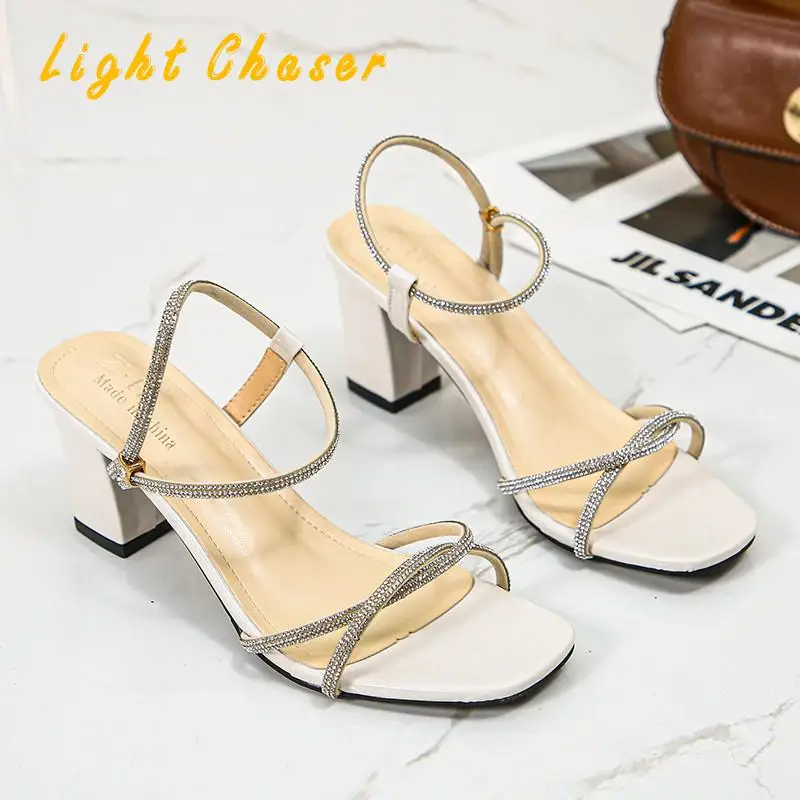 2021 Sandals Women's High-heeled Women's Sandals One Word Buckle Rhinestone Thick With Fish Mouth Summer Shoes Woman High Heels