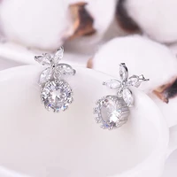fashion flower s925 silvery jewelry hanging round shiny cubic zircon petal drop earrings for women wedding party new year gifts