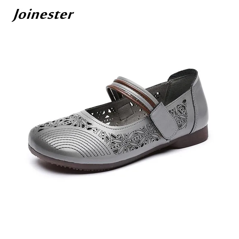 

2021 Summer Women Shoes Flat Heel Mary Jane Sandals for Ladies Hollow Out Retro Leather Flats chaussure femme Non-Slip Mom Shoe