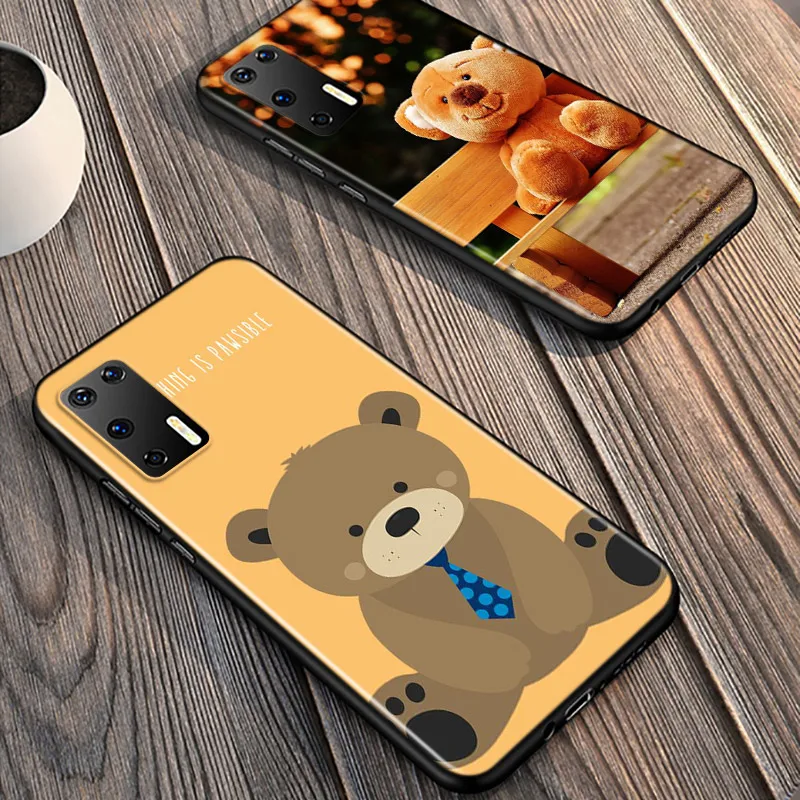 

Cute Teddy Bear For Huawei P40 P30 P20 Pro P10 P9 P8 Lite E Plus 5G 2019 Phone Case Bright Black Silicone Cover