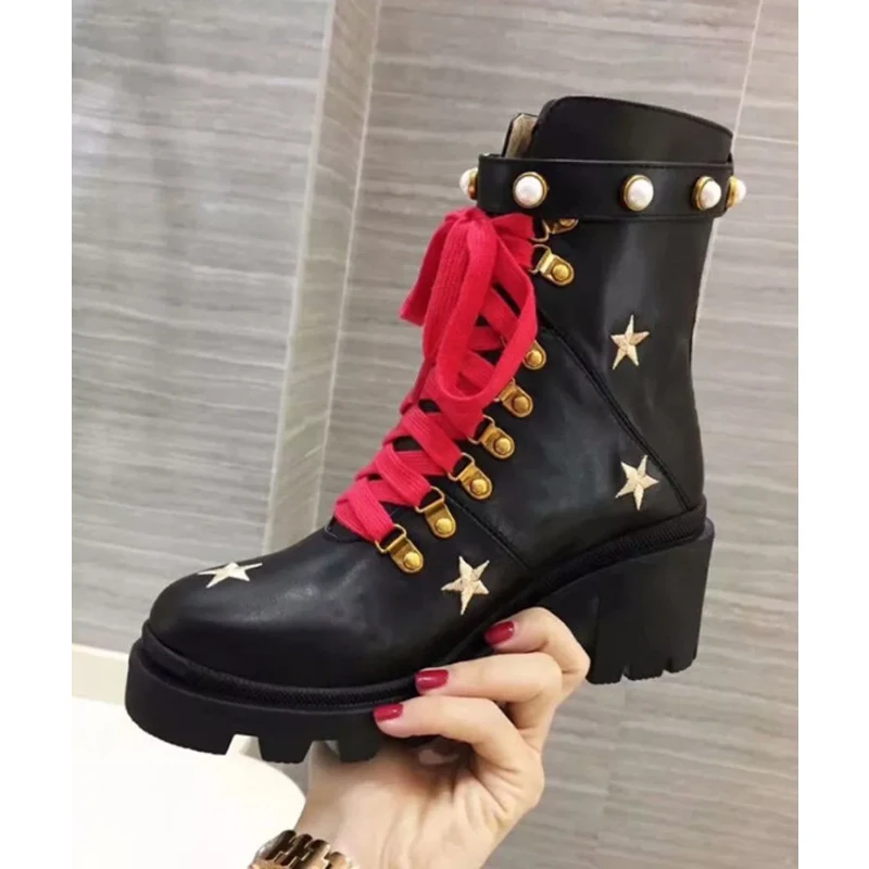 

Top Quatily Designer Fashion Genuine Leather Luxury Brand Boots Pearl Lace-Up Boots Ladies Shoes Heel 6cm Size 42
