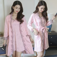 plus size sexy cotton robes sets nightgowns for women clothing autumn lace long sleeve night dress sleepwear bathrobe two piece