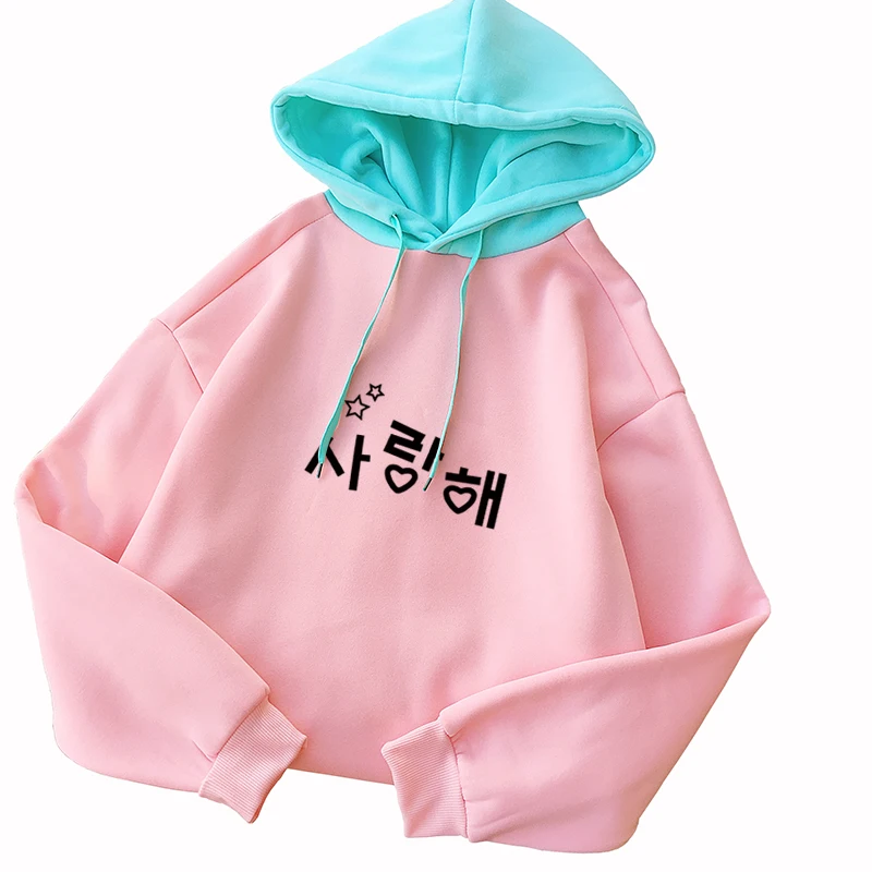 

Women's Hooded Sweatshirts y2k Hit Color Stitch Loose Korean Letter Print Fashion Casual Harajuku Hoodies Pullover Woman Clothes