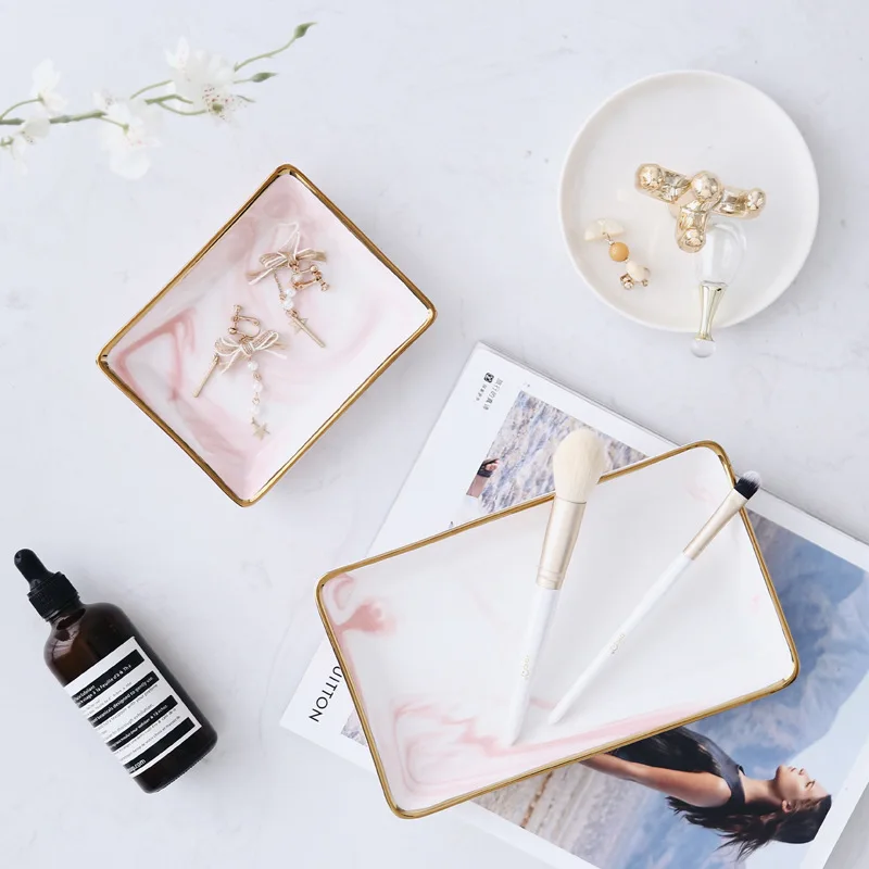 

Nordic Style Marble Gold Storage Tray Ceramic Jewelry Tray Desktop Included Photography Props Bathroom Dresser Plate Debris Tray