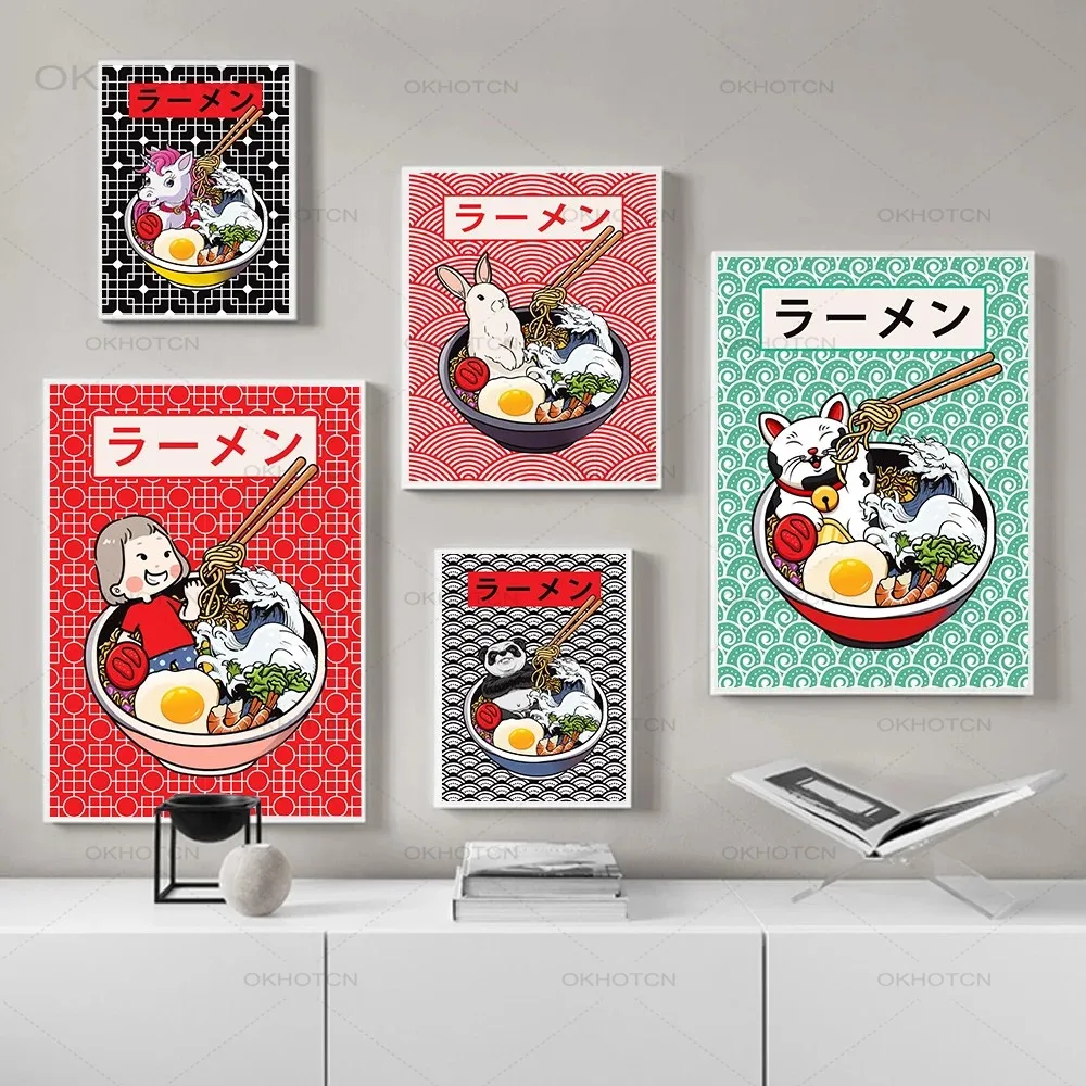 

Funny Animals In A Bowl Print Painting Panda Unicorn Rabbit Ramen Soup Canvas Poster Cartoon Food Wall Art Picture Kitchen Decor