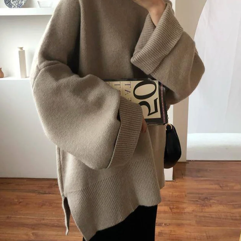 

Oversize Sweaters Women Basic Solid Pullovers Autumn Warm Soft Baggy Knitwear Ladies Ulzzang Side Slit Long Sleeve Jumpers Cozy