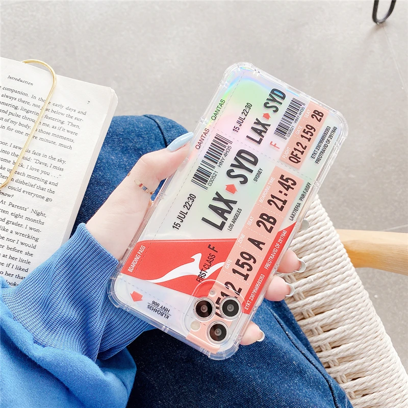

Luxury Laser Paper Boarding Ticket Phone Cases For iPhone 12 Mini 11 Pro XS MAX X XR 7 8 Plus Soft Airbag Clear TPU Cover Coque