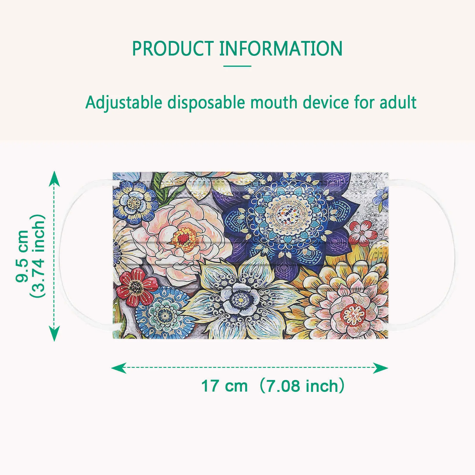 50 шт. одноразовых масок для взрослых с цветочным узором для женщин.