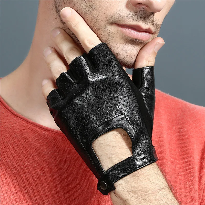 Мужские кожаные перчатки без пальцев Goatskin унисекс Guantes фитнес с половиной пальца упражнения вождения противоскользящие, из дышащей ткани перчатки черные