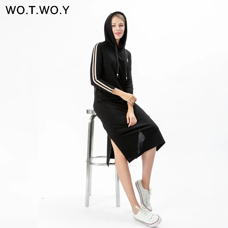 Платье с капюшоном WOTWOY повседневное Хлопковое платье до середины икры карманами