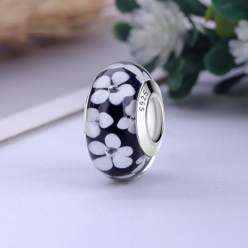 

Authentic 100% 925 Sterling Silver White Flower Murano Glass Beads Charms Fit Original Bracelets Bangles DIY Jewelry