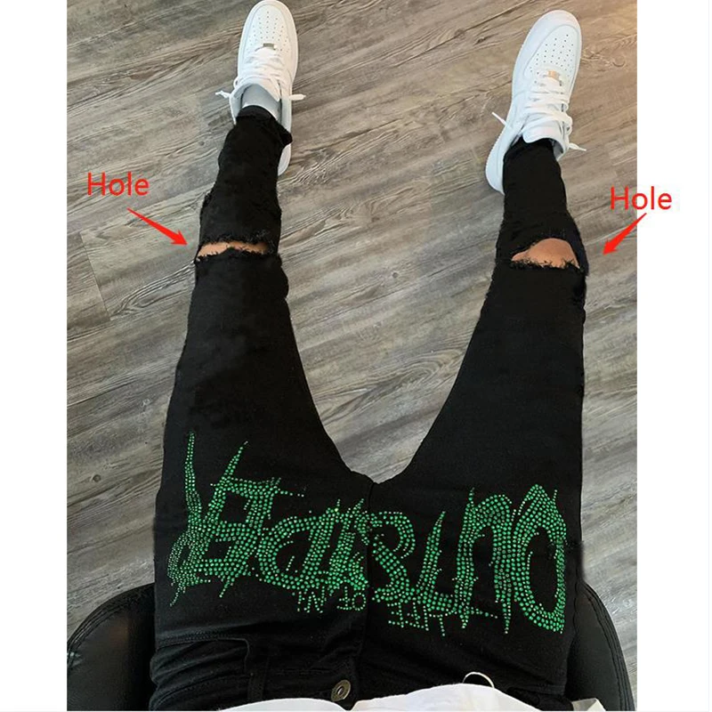 Men Black New Hole Pencil Pants Trousers Stretchy Ripped Skinny Biker Hot Drill High Quality Street Punk Washed Destroyed Jeans
