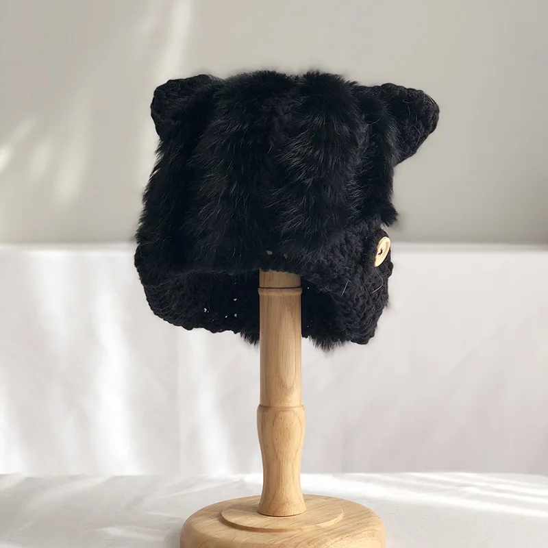 Милая шапка из кроличьего меха Женская осенне зимняя Защитная с кошачьими ушками