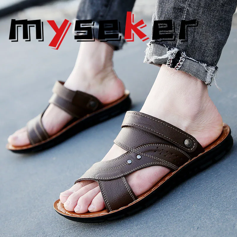 

Spring and summer men's sandals, high-quality leather shoes, men's comfortable non-slip slippers, beach brown men's sandals,