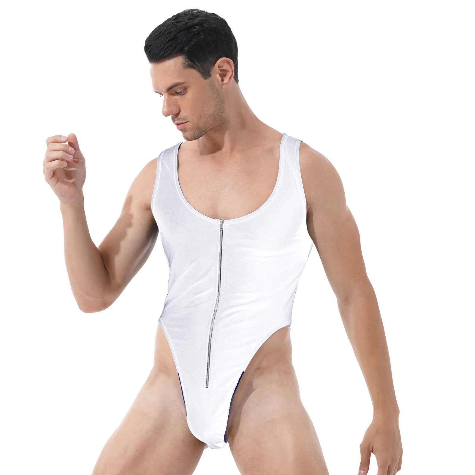 

Mens Sport Fitness Leotard Costume Solid Color Sleeveless Zipper Front Bodysuit Nightwear Casual U Neck High Cut Jumpsuits