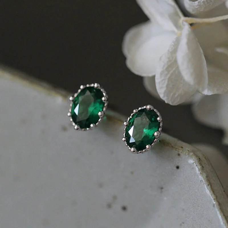 

Luxury Female Emerald Green Zircon Earrings Crystal 925 Sterling Silver Gold Earrings For Women Small Oval Stud Earrings