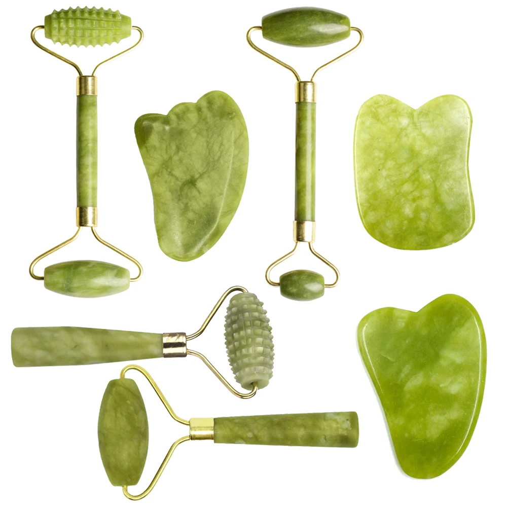 

2pcs Jade Massagers For Face Body Gua Sha Scraper Beauty Facial Roller Set Natural Gouache Stone Massage Slimming Skin Care