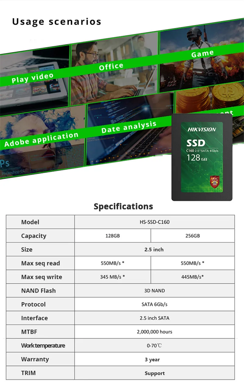 HIKVISION C160 2,5 дюймовый SSD 256GB 512GB 1 ТБ SATA TLC 3D NAND super speed SATAIII 6 ГБ/сек. твердотельный жесткий диск для настольного ноутбука