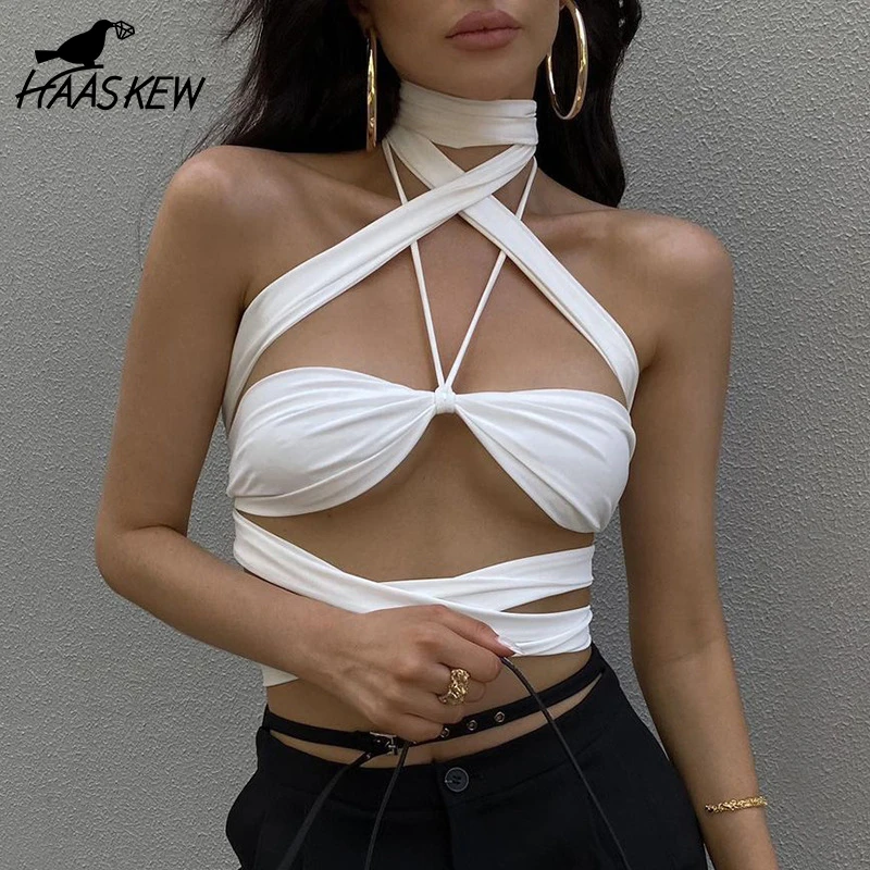 

HAASKEW White Summer Tank Top Women Halter Bandage Lace Up Club Party Sexy Off Shoulder Top 2022 Cami Cropped Top