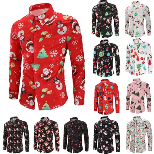 2019 Новая мужская Рождественская рубашка с 3D принтом Повседневная длинным