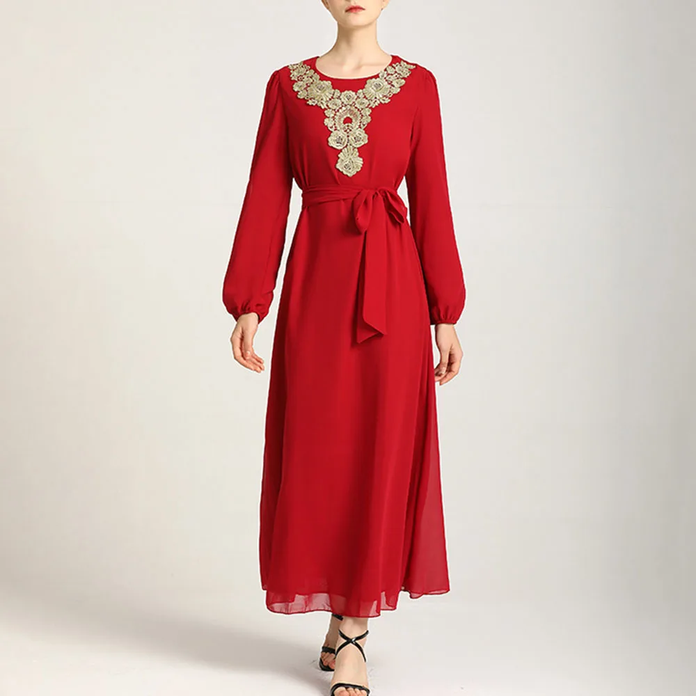 

Summer 2021 Muslim Arab Middle East Ladies Robe Dress Oversize Indie Solid Color Embroidered Round Neck Long Sleeve Casual