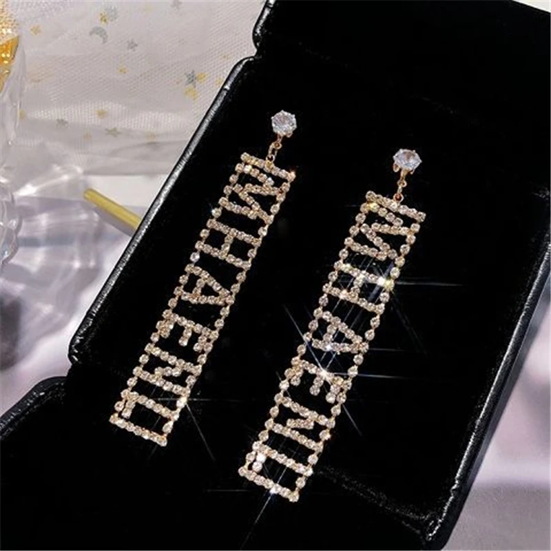

Luxury Silver Color Letter CZ Crystal Rhinestone Long Pendant Tassel Drop Earrings For Women Wedding Party Jewelry
