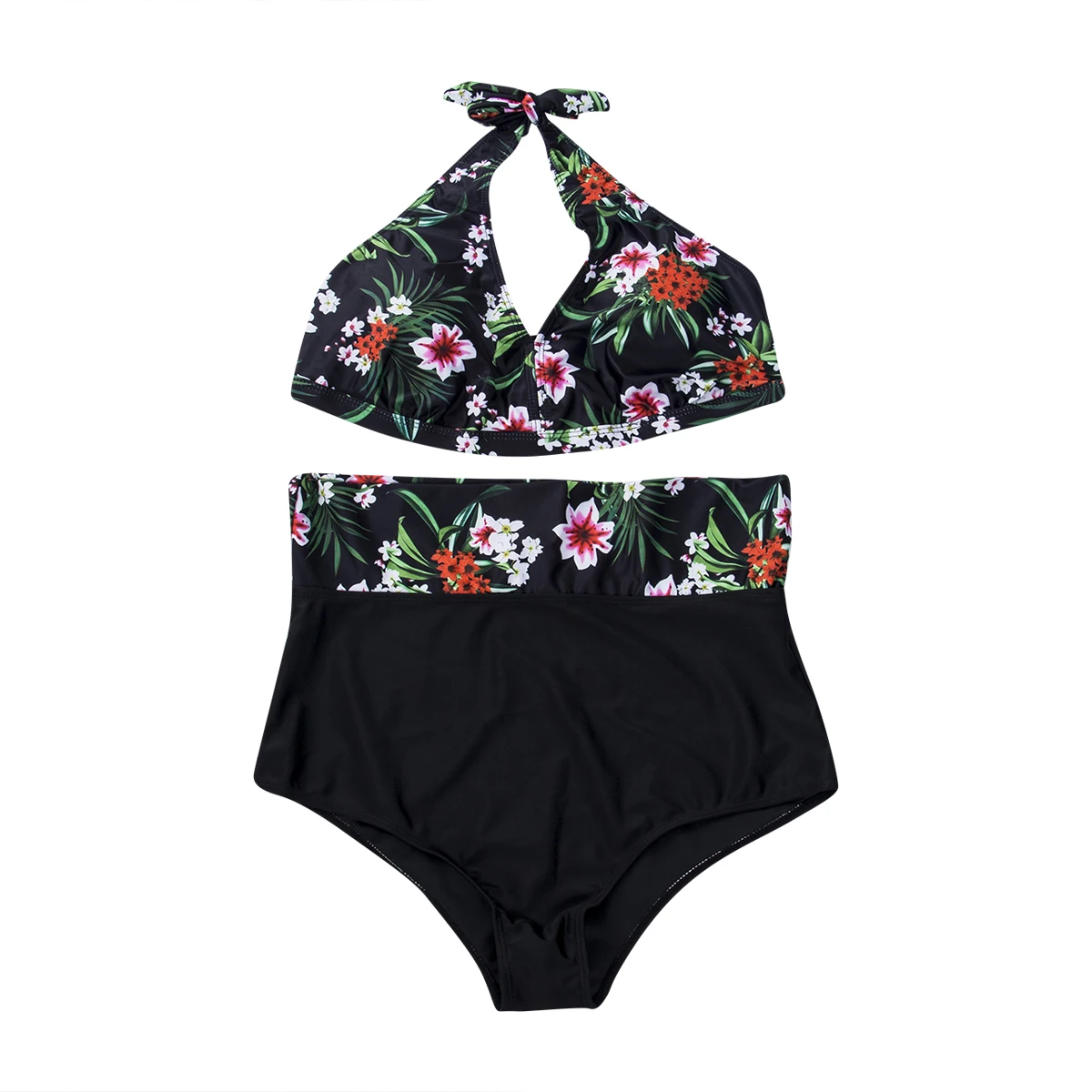 Женский купальник бикини большого размера микро с цветами черный высокой талией