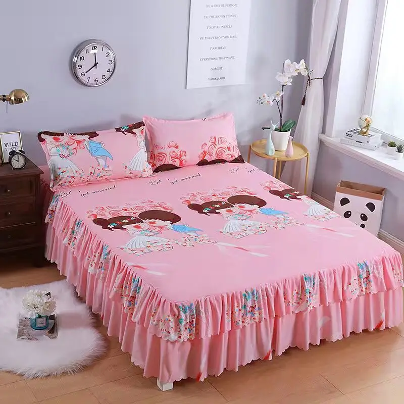 

3PCS Bed Skirt Flower Printed Fitted Sheet Cover Home Graceful Bedspread Bed Linens Bedroom Decor Mattress Cover Pillowcase