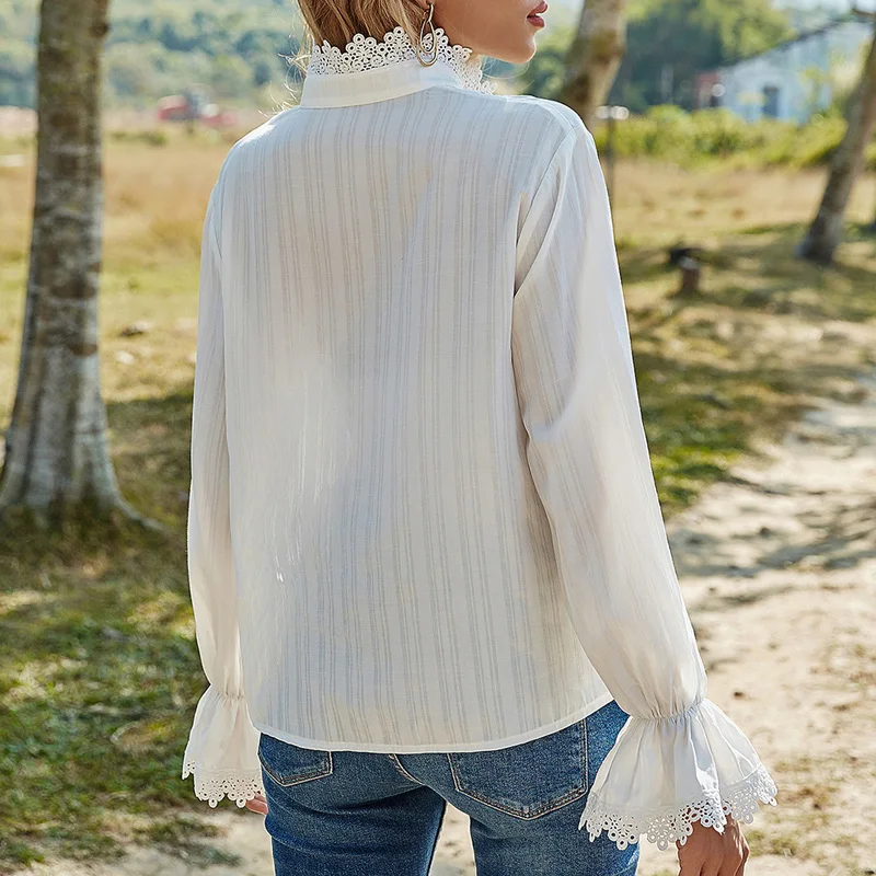 

Hollow Out White Shirt Lace Stitching Flare Sleeve Blouse Office Ladies Tops Casual Long Sleeve Blouse Women Clothes