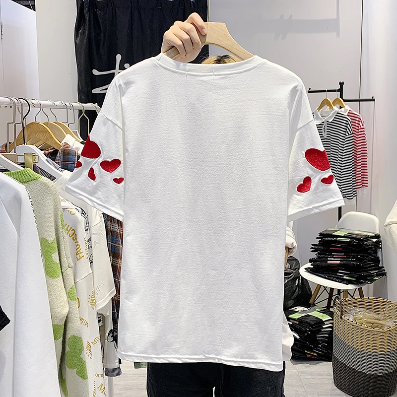 Футболка с вышивкой в виде сердца хлопковые белые женские топы летние черные