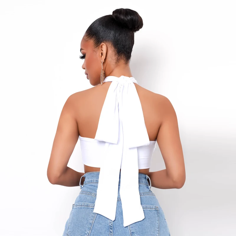 

Women Bandage Halter Criss-Cross Crop Tops Summer Chic Fashion Club Party Sexy Sleeveless Backless Tie Cami Top Black White