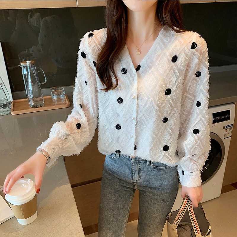 

#5021 белая шифоновая рубашка с бахромой, Женская однобортная рубашка в горошек в Корейском стиле, пикантная женская рубашка с длинным рукаво...