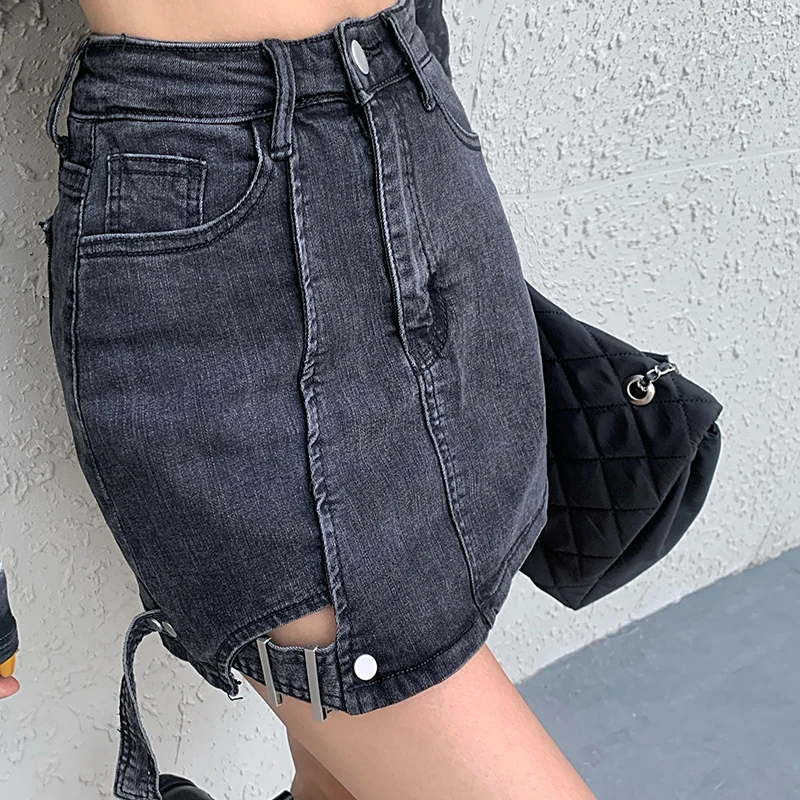 

High Waist Tight Hip Denim Skirt Students Casual Streetwear Side Holes Lace Up A-line Skirt Sexy Above Knee Mini Saia
