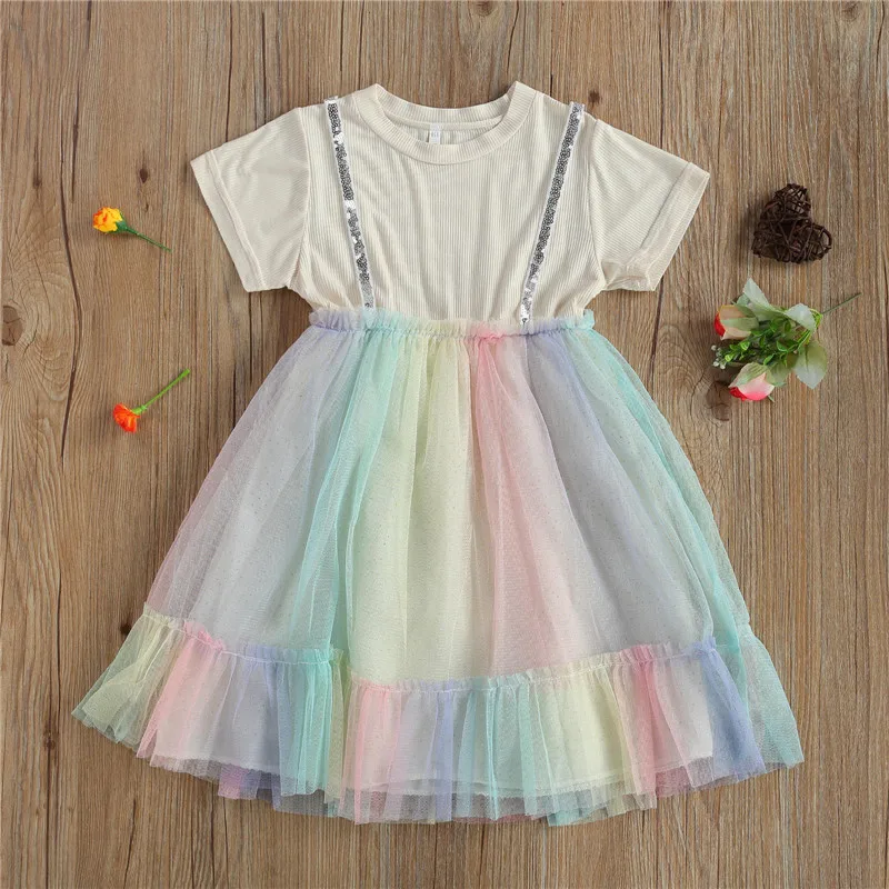 

Kid Baby Girls Princess Dress Sweet Crew Neck Short Sleeve Flowers Decor Colorful Mesh Patchwork Tulle Tutu Princess Dress 2021