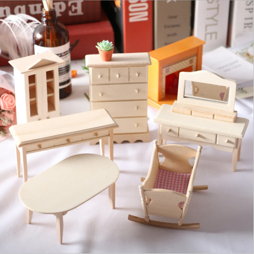 

Mini Solid Wood Furniture Cradle Baby Bed Dining Table Cupboard Small Doll House Toys Dollhouse
