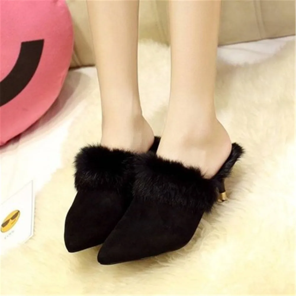 Autumn New Sexy Mules Women's Half Slippers Korean Fashion High Heel Shoes Wearing Hairy Pointed Baotou Furry Plush Slippers