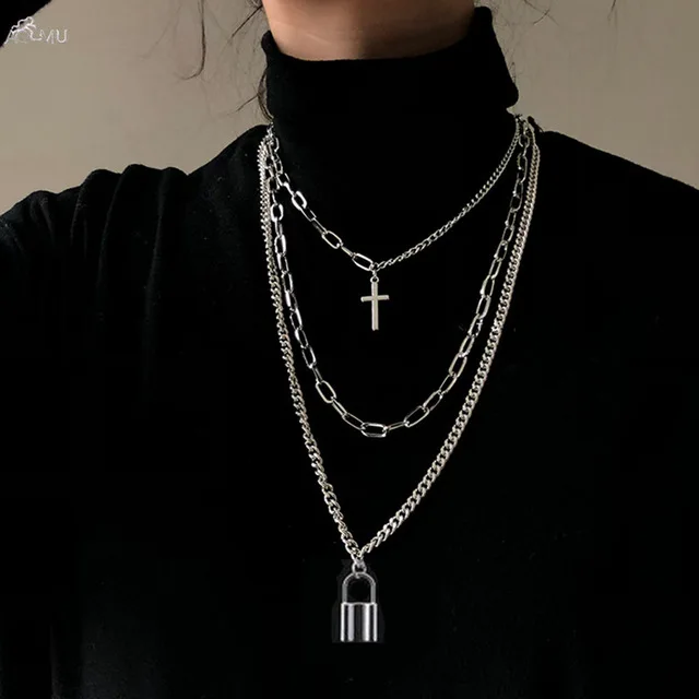 

AOMU 2020 Fashion Multilayer Hip Hop Long Chain Necklace For Women Men Jewelry Gifts Key Cross Pendant Necklace Accessories